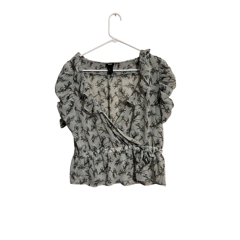 H&M Bird Print Short Sleeve Wrap Blouse Women's Size 14
